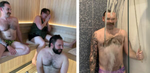 Enjoy the benefits of hot and cold therapy - group of people sitting in sauna while a man takes a cold therapeutic shower
