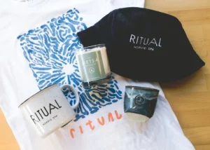 Merchandise available - spa hat, mugs, candles all available at Ritual Nordic Spa in Victoria