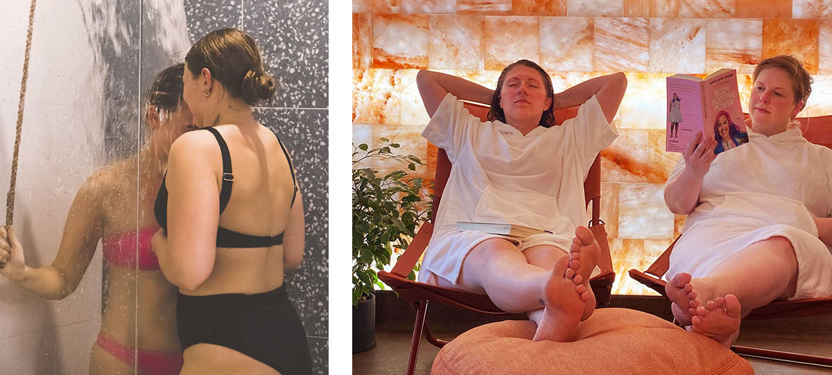 Two women embrace the chilling sensation of an ice cold shower. Relax in the quiet solitude of Ritual Nordic Spa's Salt Lounge and reap the benefits of Nordic Wellness.