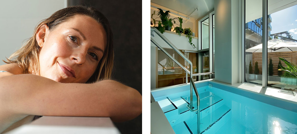 The serene pose of a woman. A cold plunge pool, part of Nordic Wellness at Ritual Nordic Spa in Victoria.